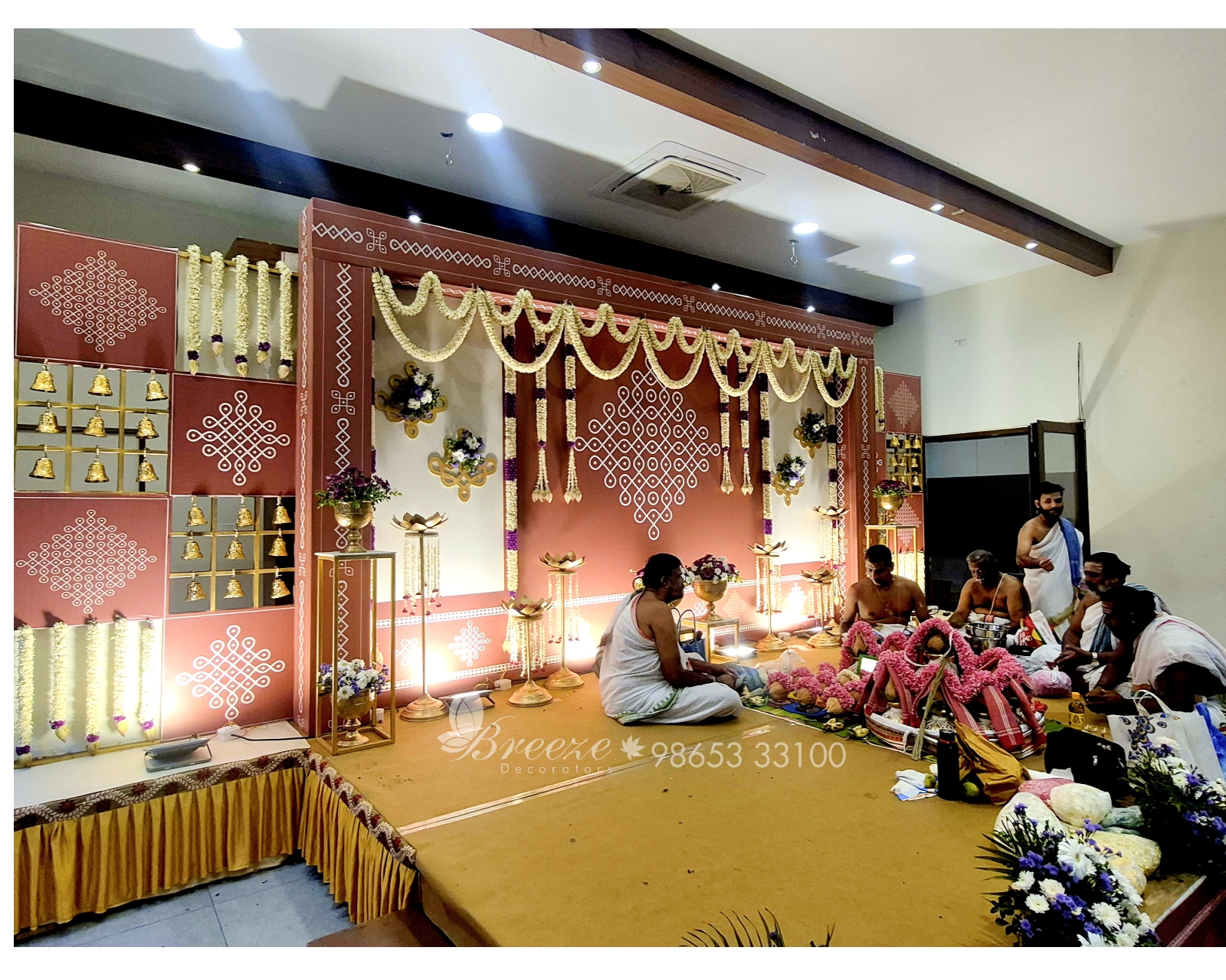 Complete traditional stage mandapam setup for Sashtiabdapoorthy at Kuudam AC Hall Coimbatore by Breeze Decorators